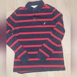 Nautica Red and Navy Striped Long Sleeve Polo